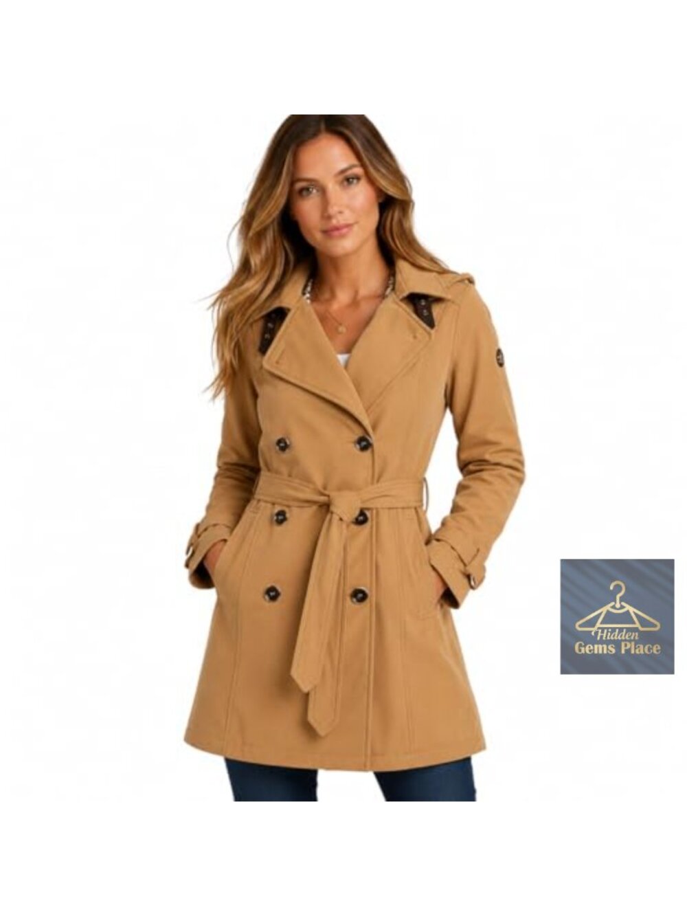 Womens Softshell Trench Coat Long Hooded Belted Water Resistant